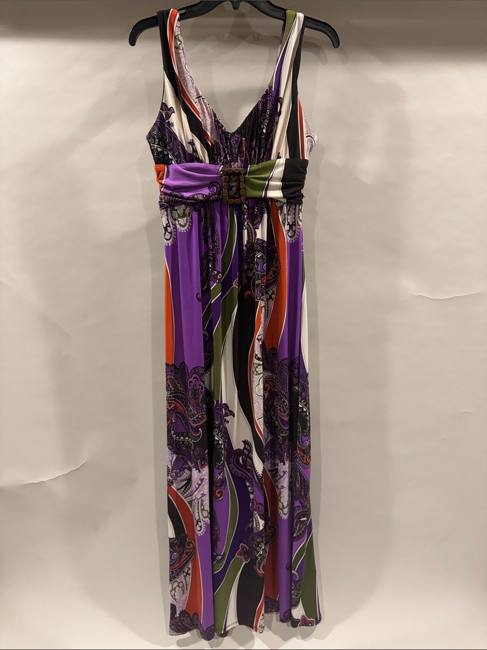 Bisou Bisou Purple Paisley Maxi Dress with Multicolor Stripes and Wooden Buckle